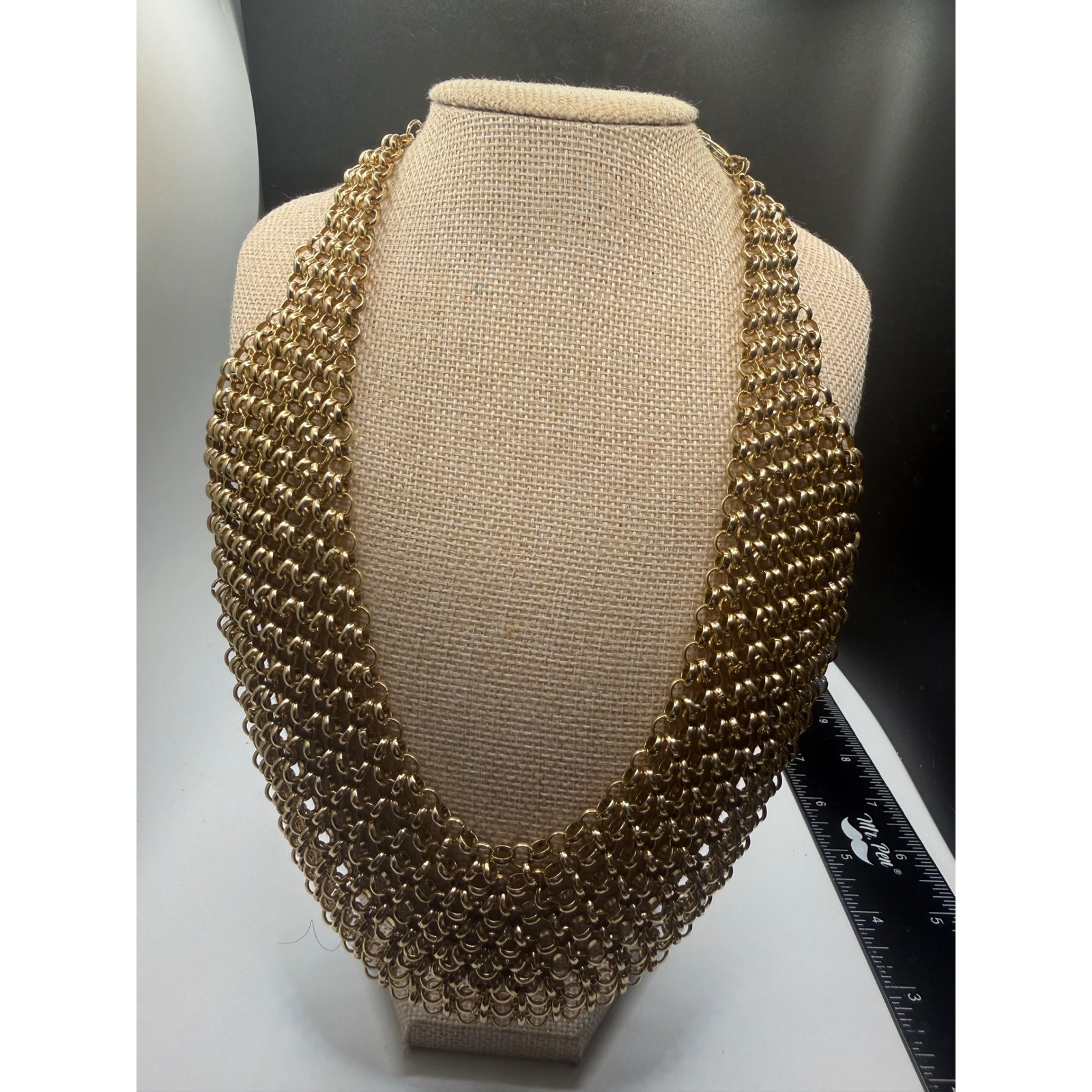 Chicos Gold Tone Chainmail Bib Statement Necklace Adjustable Lobster Clasp